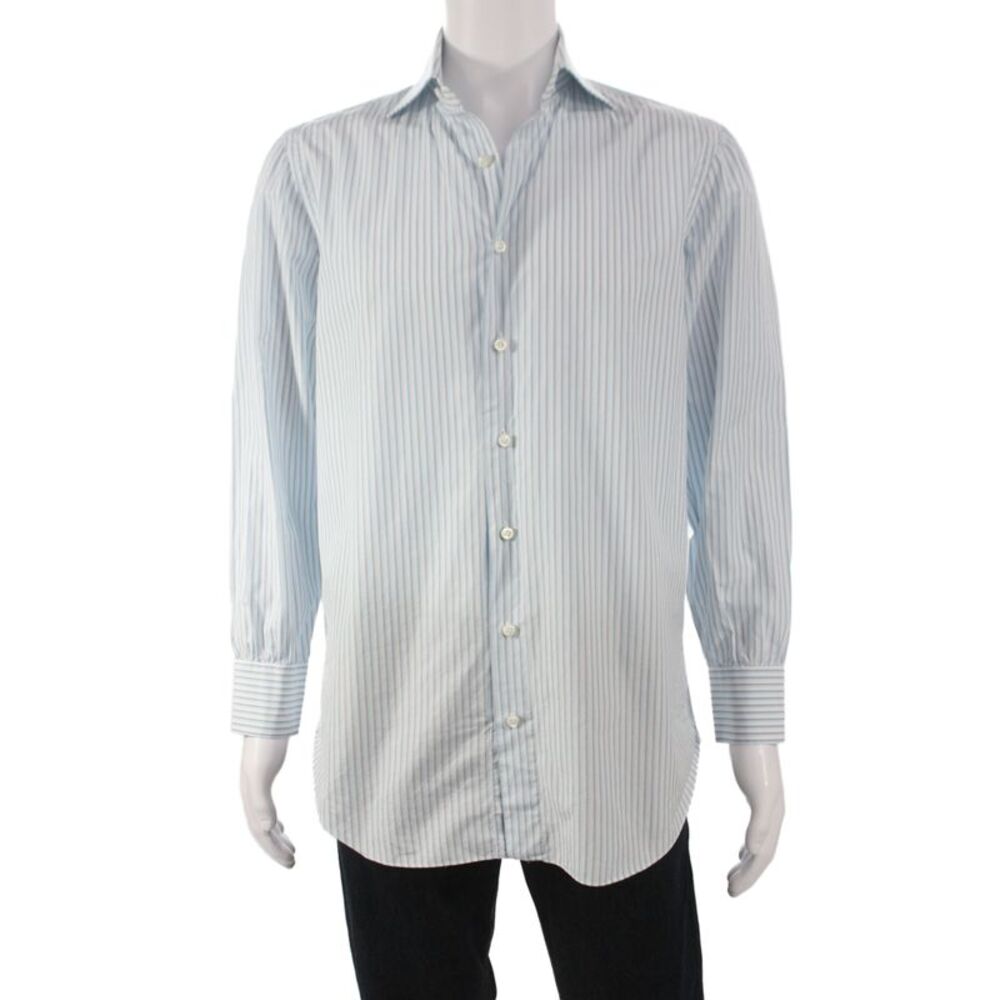 Cesare Attolini Mens Striped Print Long Sleeve Buttoned Top Blue Size EUR 41